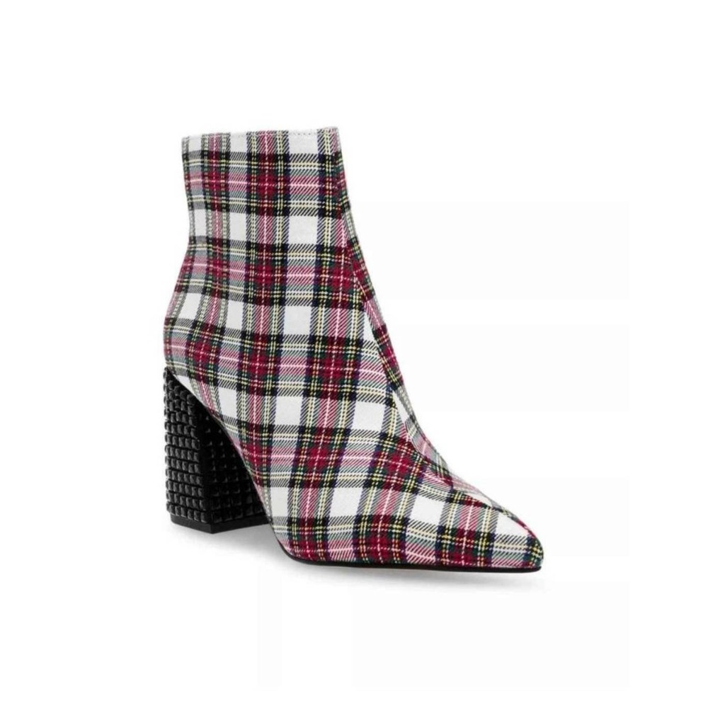 New Betsey Johnson White Red Plaid Kassie Beaded Heel Bootie